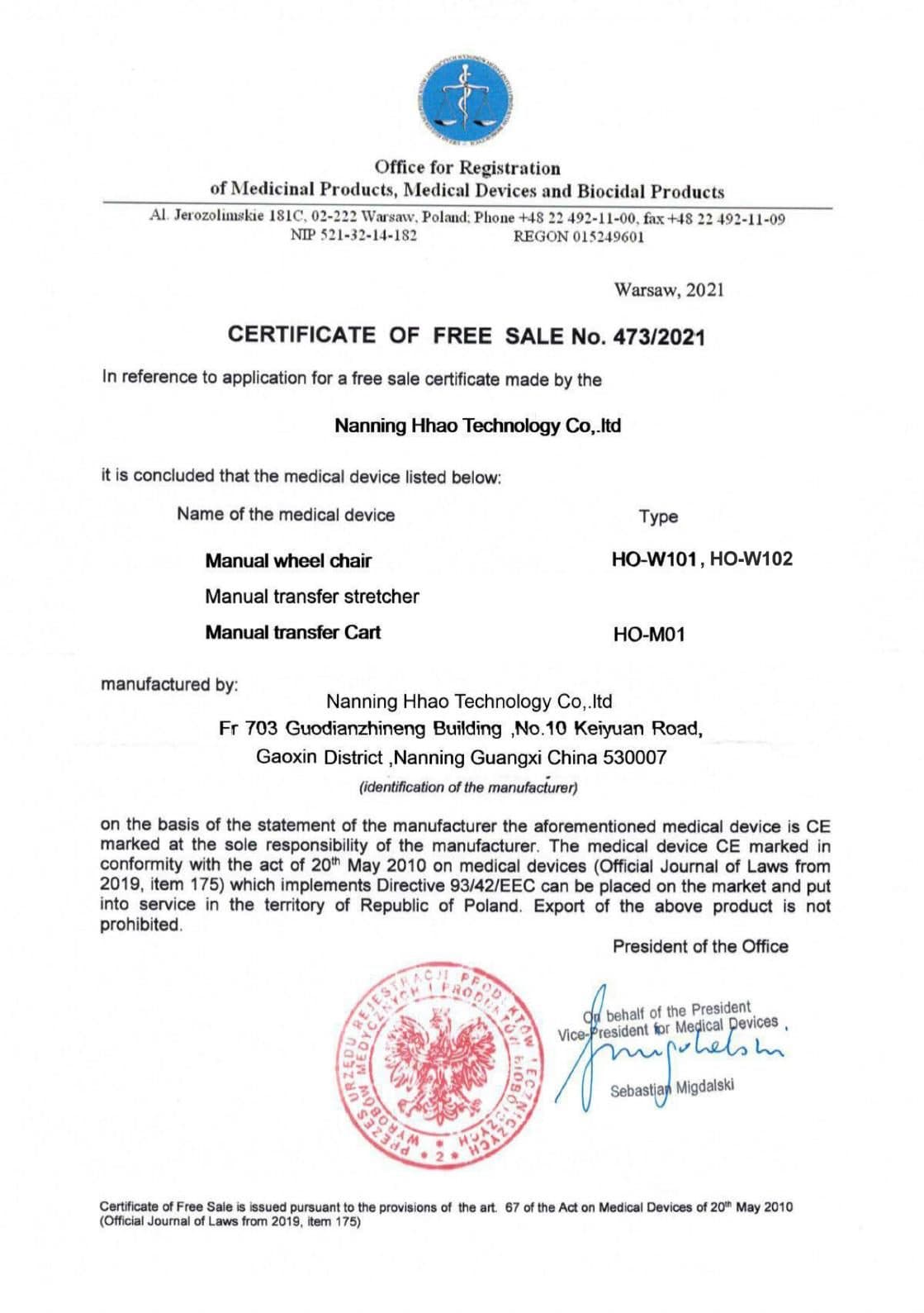 EU Free Sales Certificate